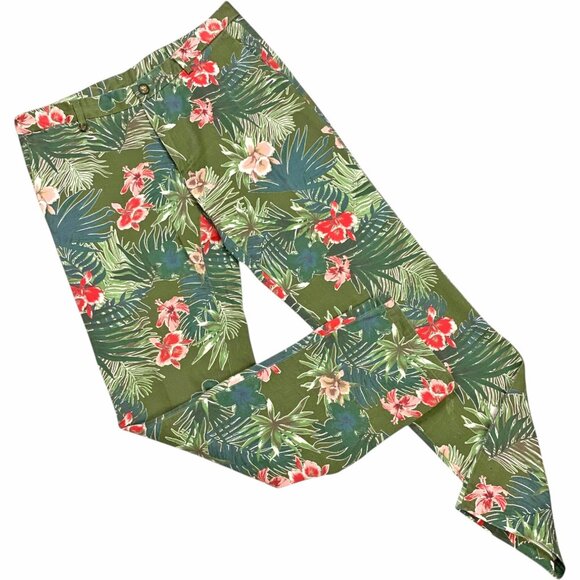 Lords & Fools Olive Tropical Print Straight Leg Twill Trousers - Picture 1 of 12